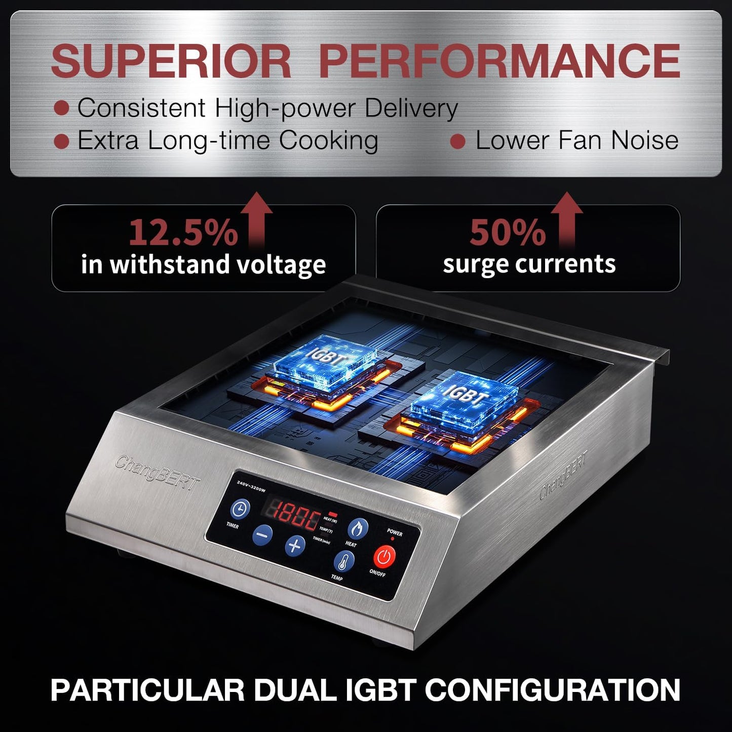 ChangBERT Induction Cooktop ChangBERT 1800W NSF Certified Commercial Grade Durable Countertop Burner Pro Chef Professional 18/10 Stainless Steel Housing Schott Glass 10-Hour Timer